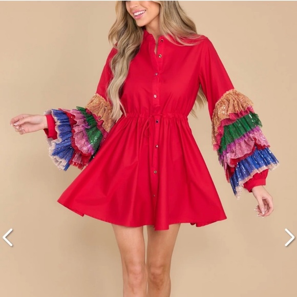 QUEEN OF SPARKLES Dresses & Skirts - RARE! Queen of Sparkles Red Sequin Tulle Sleeve Party Dress, XS
